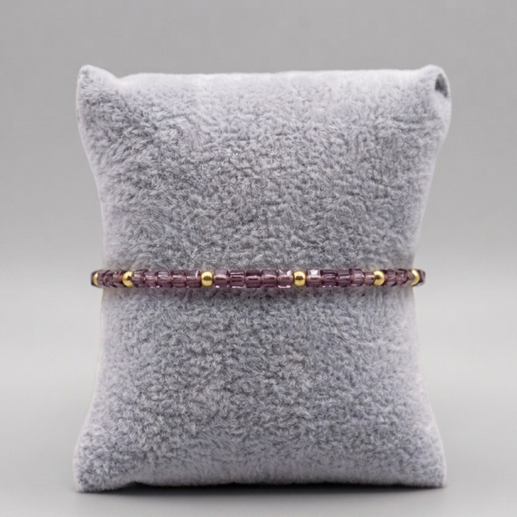 Merlot Seed Stack – Purple Glass & Gold Bead Stretch Bracelet