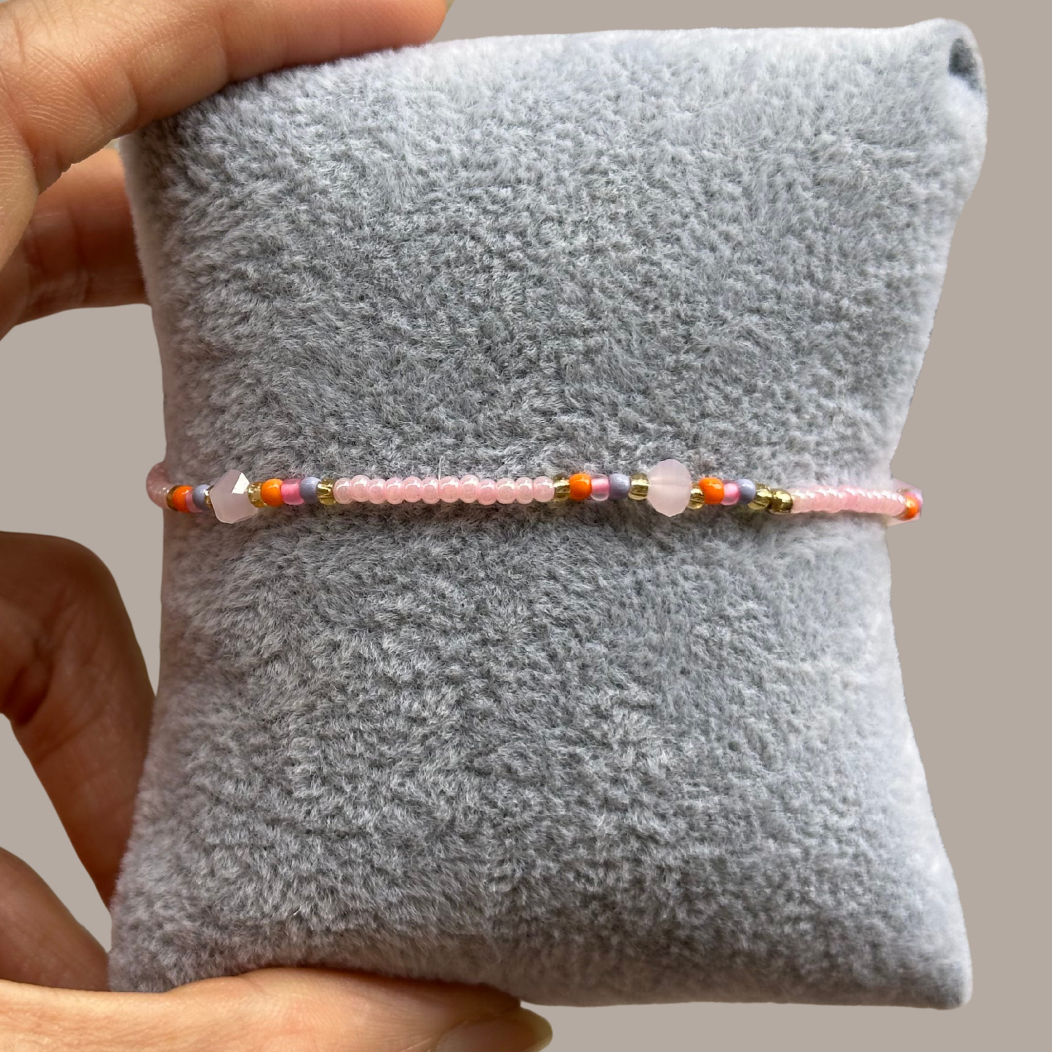 Peach Nectar Seed Line – Pastel Glass Bead & Crystal Stretch Bracelet⁠