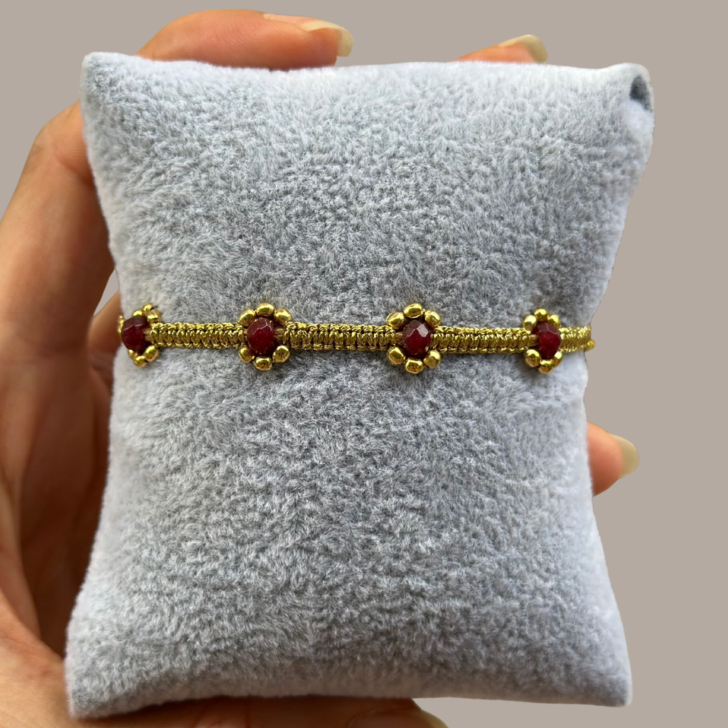 Ruby Luxe Knot Chain – Red Crystal Macramé Pull-String Bracelet⁠