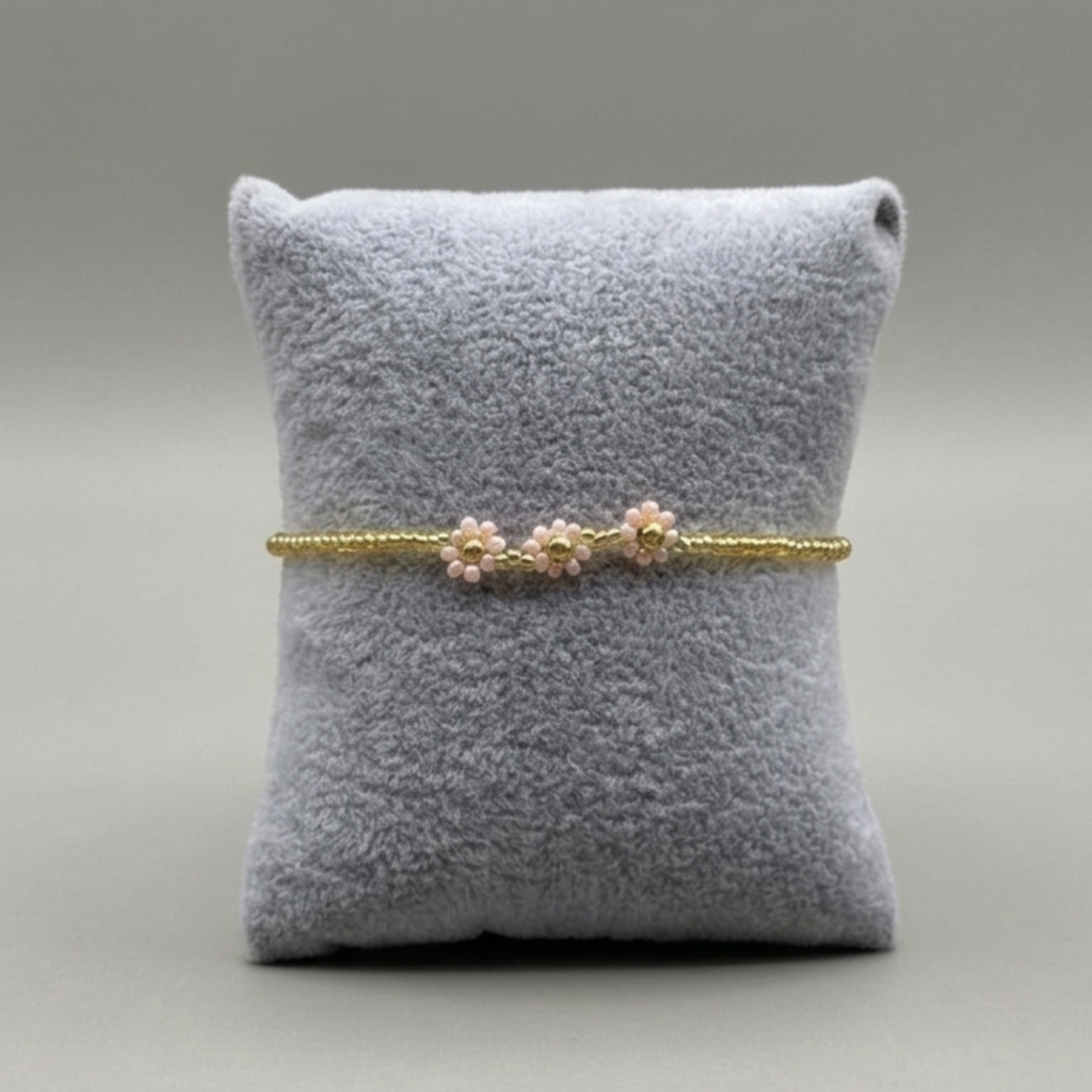 Sakura Daisy Elastic Strand – Pink Seed Bead Floral Stretch Bracelet