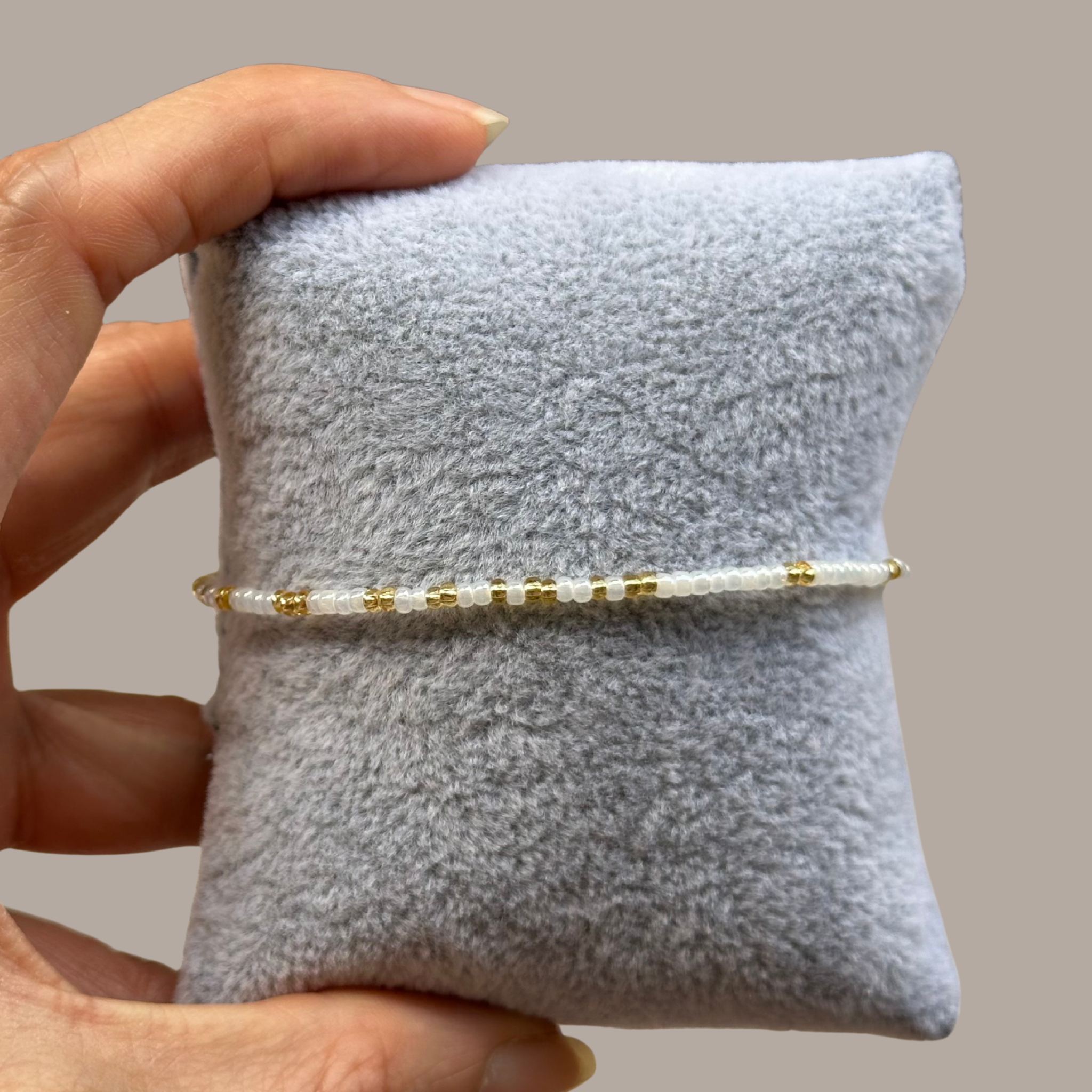 Dewdrop Whisper Strand – White Glass & Gold Seed Bead Stretch Bracelet⁠