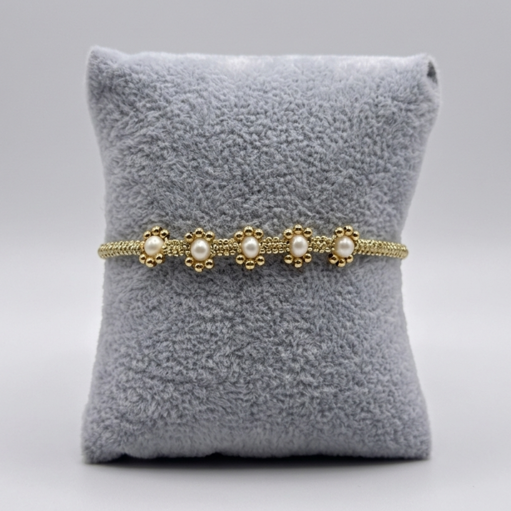 Gilded Daisy Pearl Strand - Handwoven Gold Zari & Freshwater Pearl Bracelet