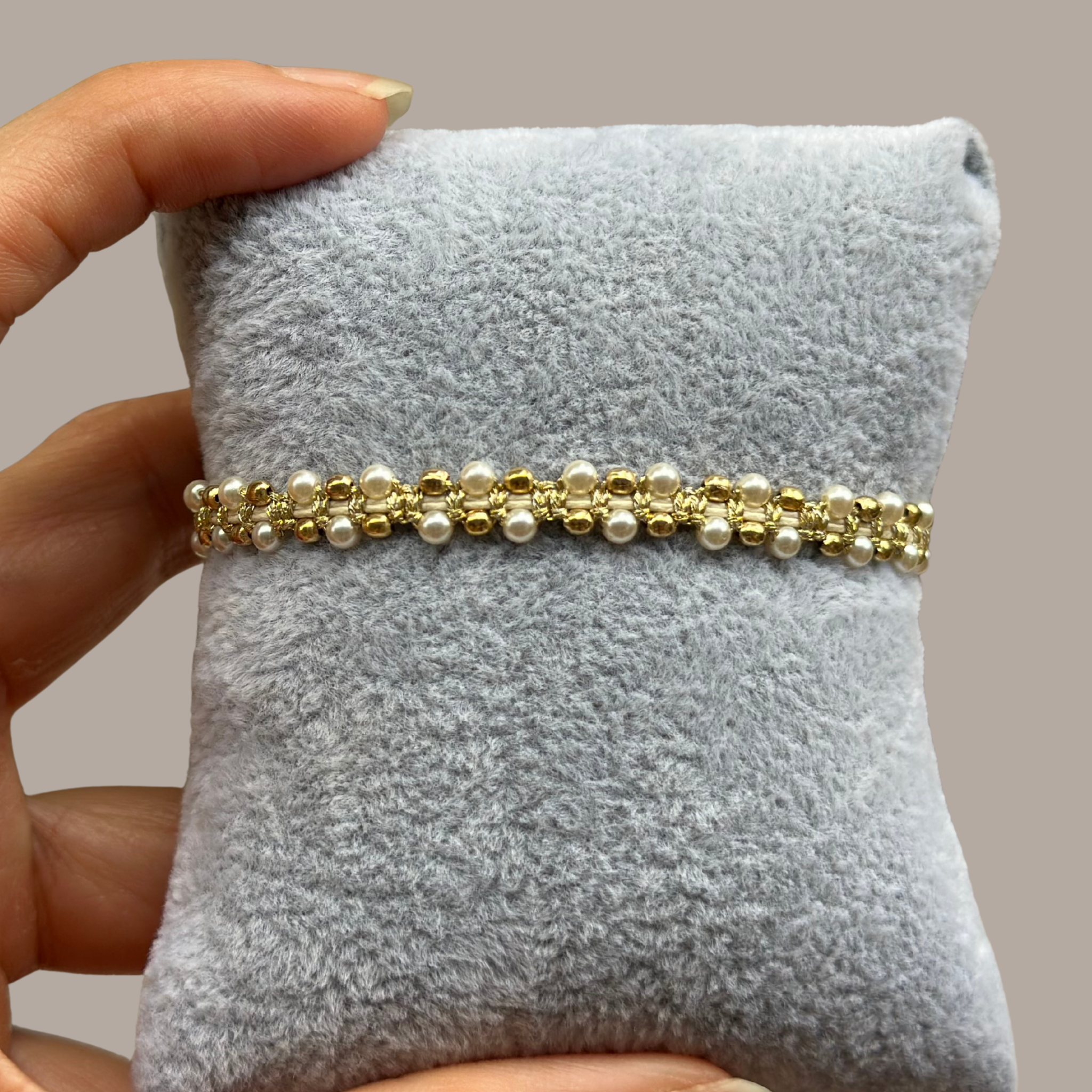 Velvet Pearl Woven Band – Adjustable Gold & Pearl Beaded Bracelet