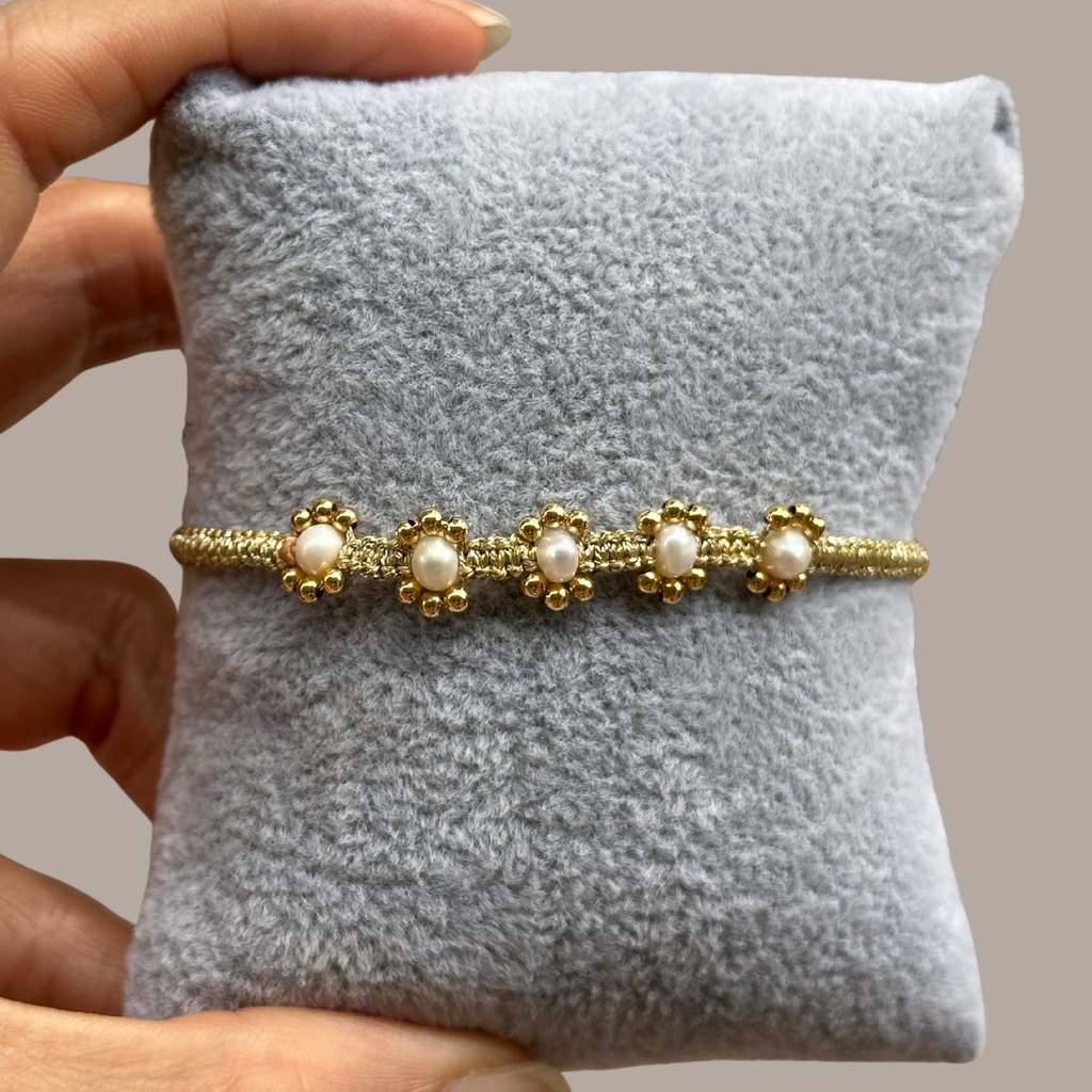 Gilded Daisy Pearl Strand - Handwoven Gold Zari & Freshwater Pearl Bracelet