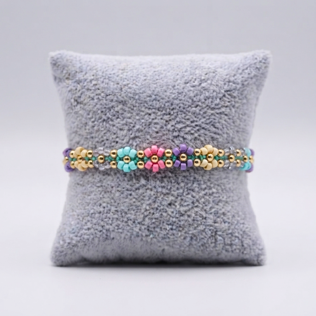 Charmed Meadow Chain – Woven Pastel Flower Seed Bead Pull-String Bracelet⁠