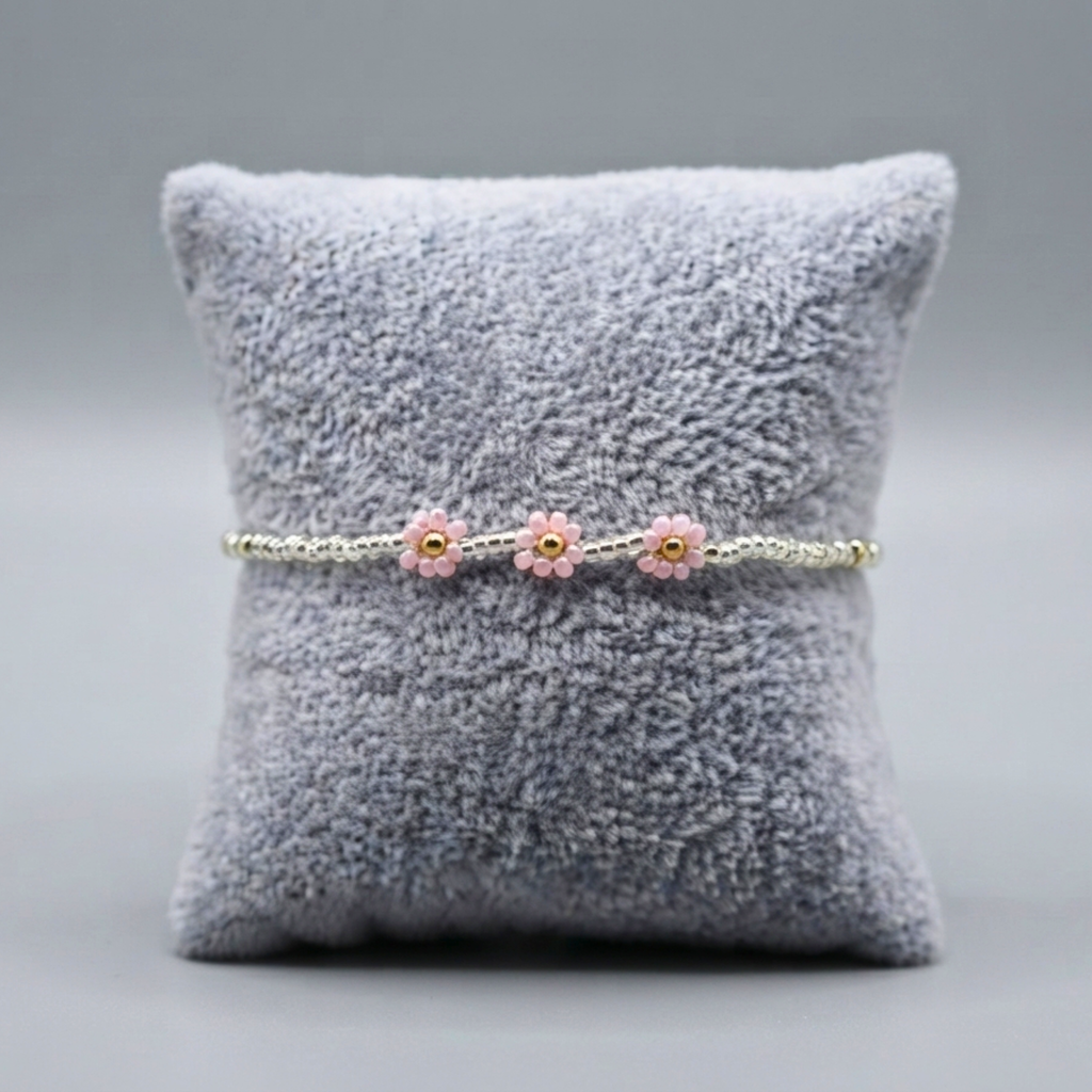 Pink Daisy Chain – Silver Glass Seed Bead Floral Stretch Bracelet