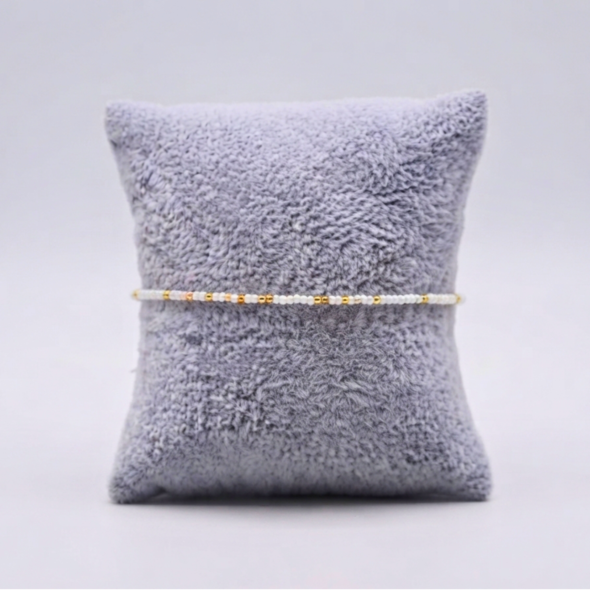 Dewdrop Whisper Strand – White Glass & Gold Seed Bead Stretch Bracelet⁠