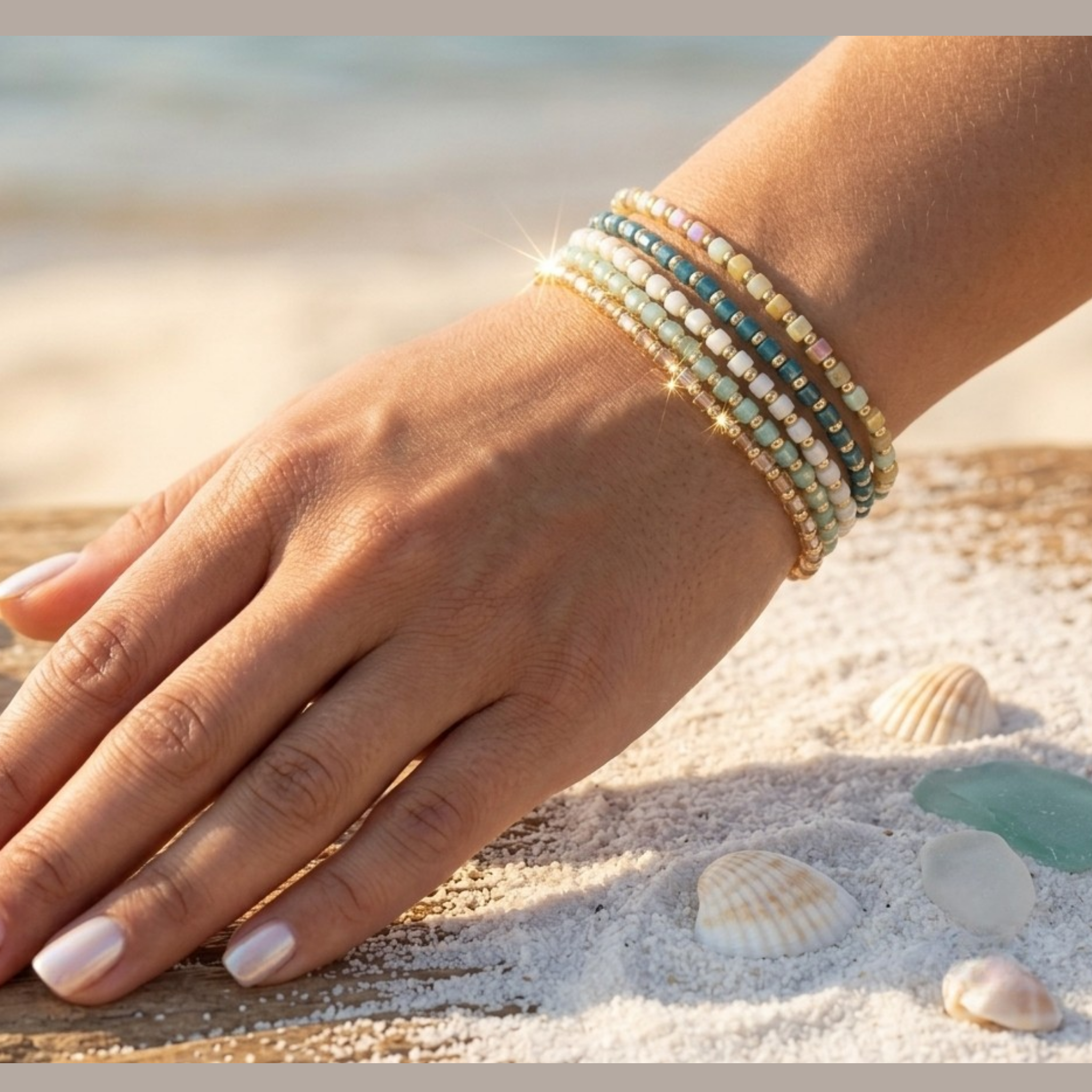 Gilded Geo Shimmer Cube Bracelet – Glass Bead & Gold Accent Strand⁠
